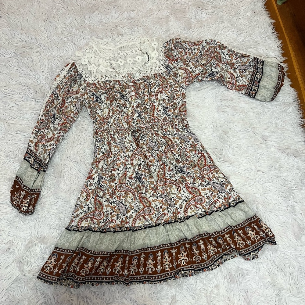 Bohemian Paisley Dress with Lace Trim